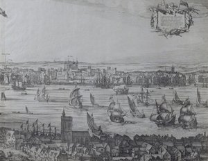 Panorama di Londra e del Tamigi, parte quattro che mostra la Torre e la Chiesa di St. Olave, c.1600